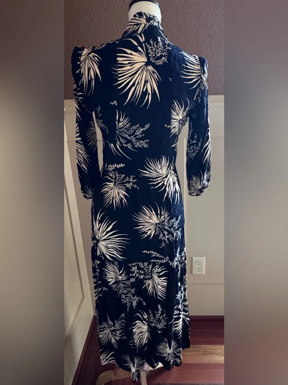 ba&sh Eleanor Robe Black and Cream Floral Button Midi Dress